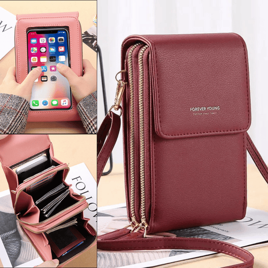 Multifunctional shoulder bag with touchscreen phone compartment